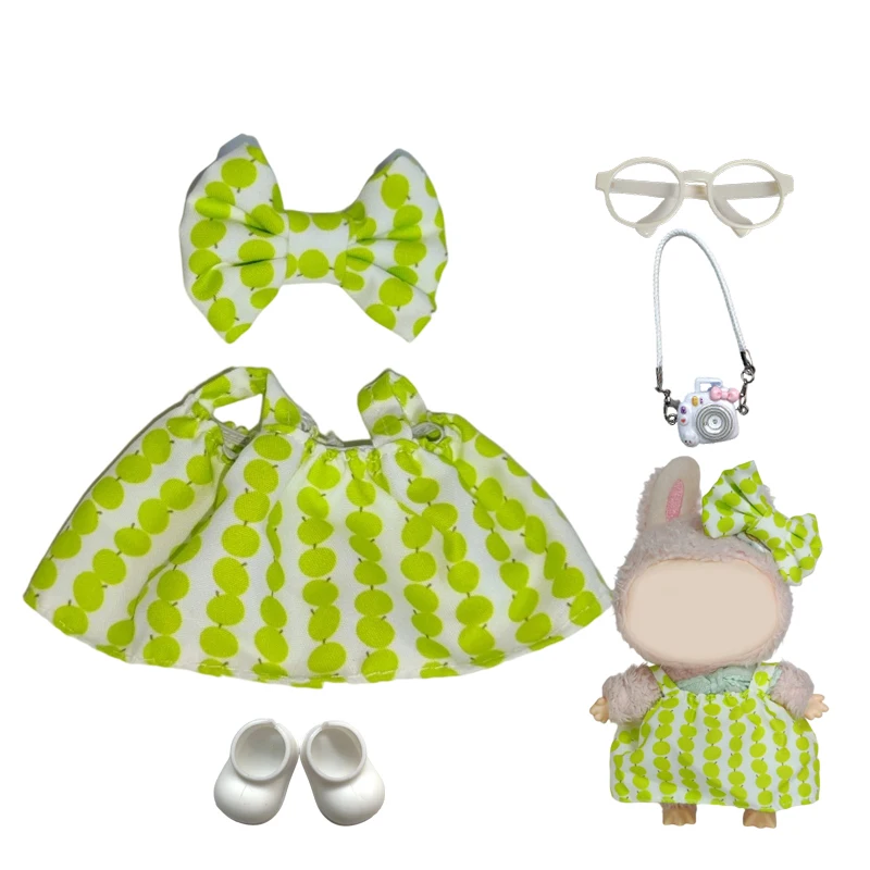 

17cm Labubu Doll Clothes Set Green Apple Pattern Dress With Bow Hairclip Cute Plush Doll Outfit DIY Gift For Labubu V1 V2 Dolls