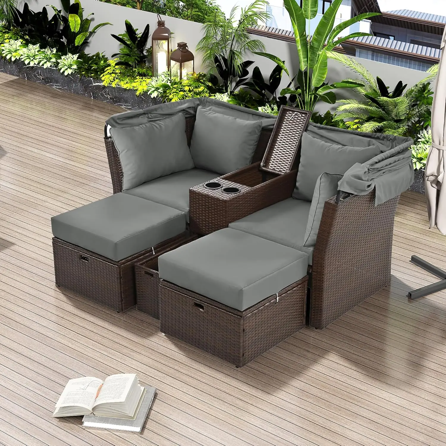 

Outdoor Patio Loveseat Sofa Rattan Daybed Set with Foldable Awning, Wicker Double Chaise Lounge Chairs with Ottomans