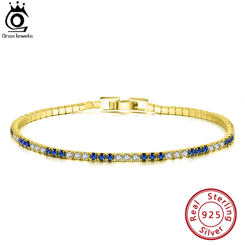 

ORSA JEWELS 925 Sterling Silver Blue&Clear Tennis Bracelet Women's 2.0mm Cubic Zirconia Luxury Chain Bracelets Jewelry SB117