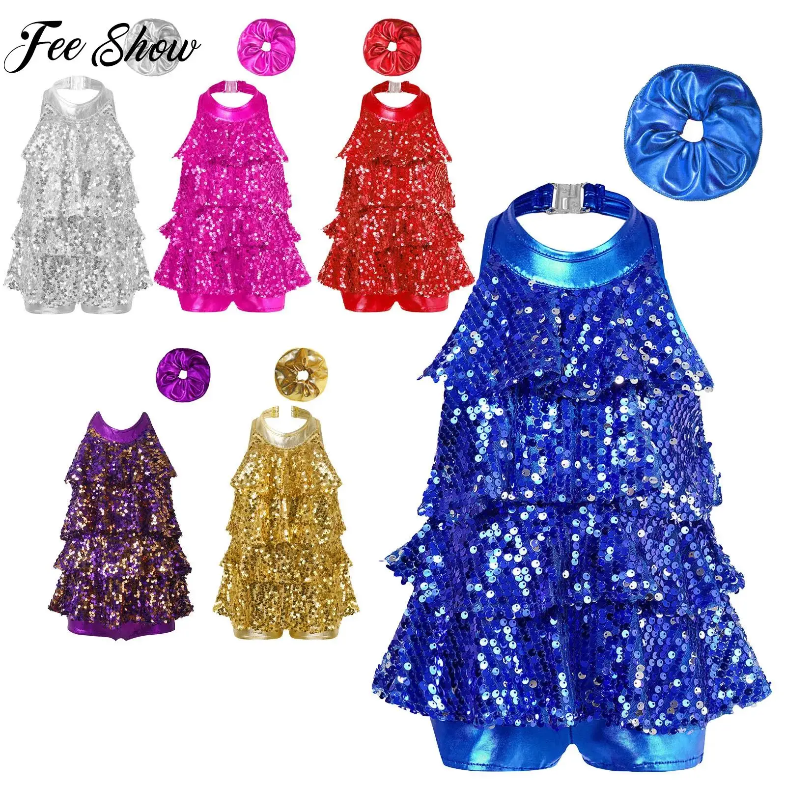 

Kids Girls Halter Shiny Sequins Modern Jazz Latin Dance Stage Performance Costume Ballet Gymnastics Outfit Prom Party Daily Wear