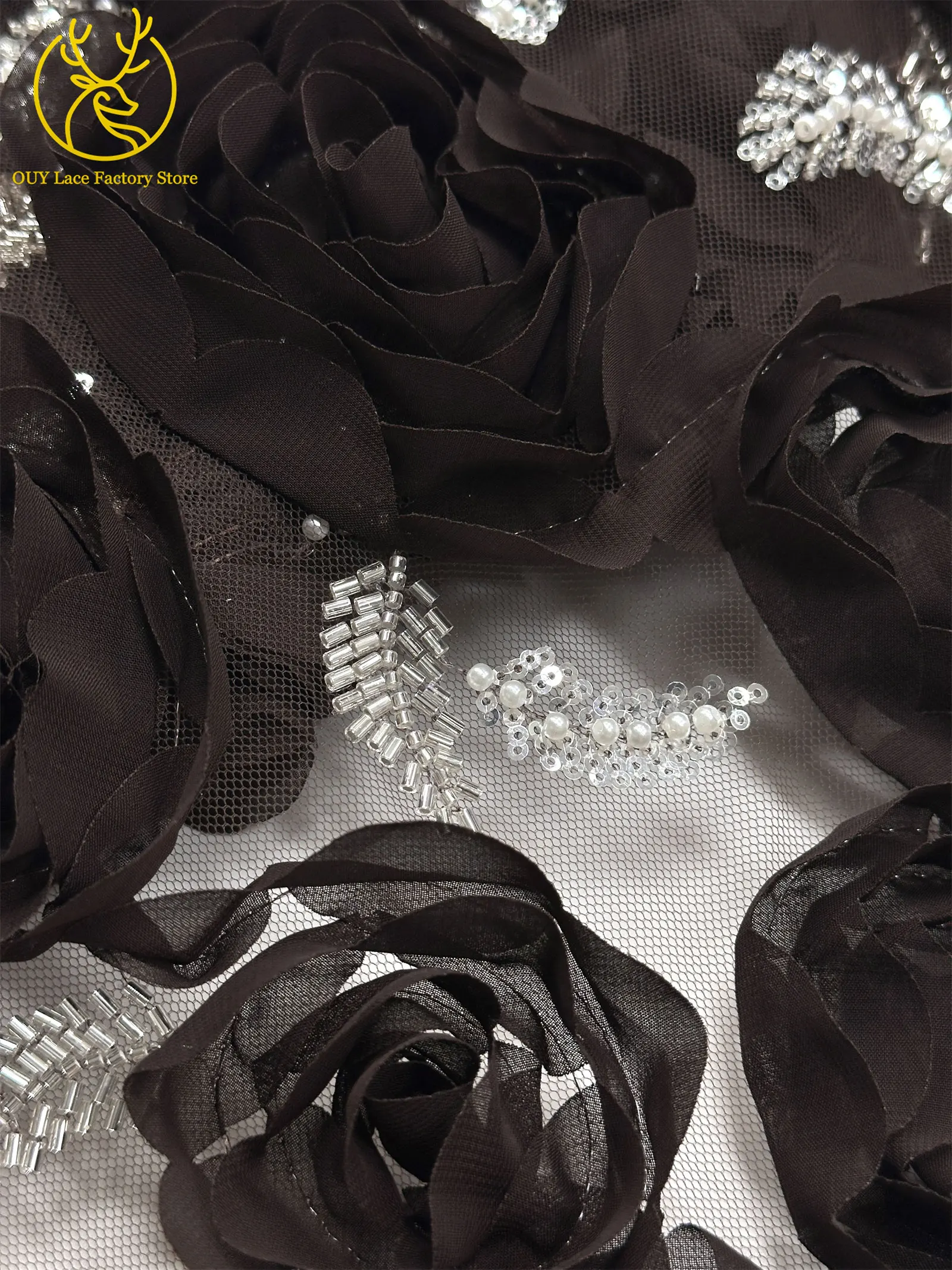 3D-Rosen-High-End Nigerianischer Tüll-Spitzenstoff 2026 – Hochwertiger afrikanischer Pailletten- und Perlen-Spitzenstoff für Brautkleider und Hochzeitskleider zum Nähen – Detail 17