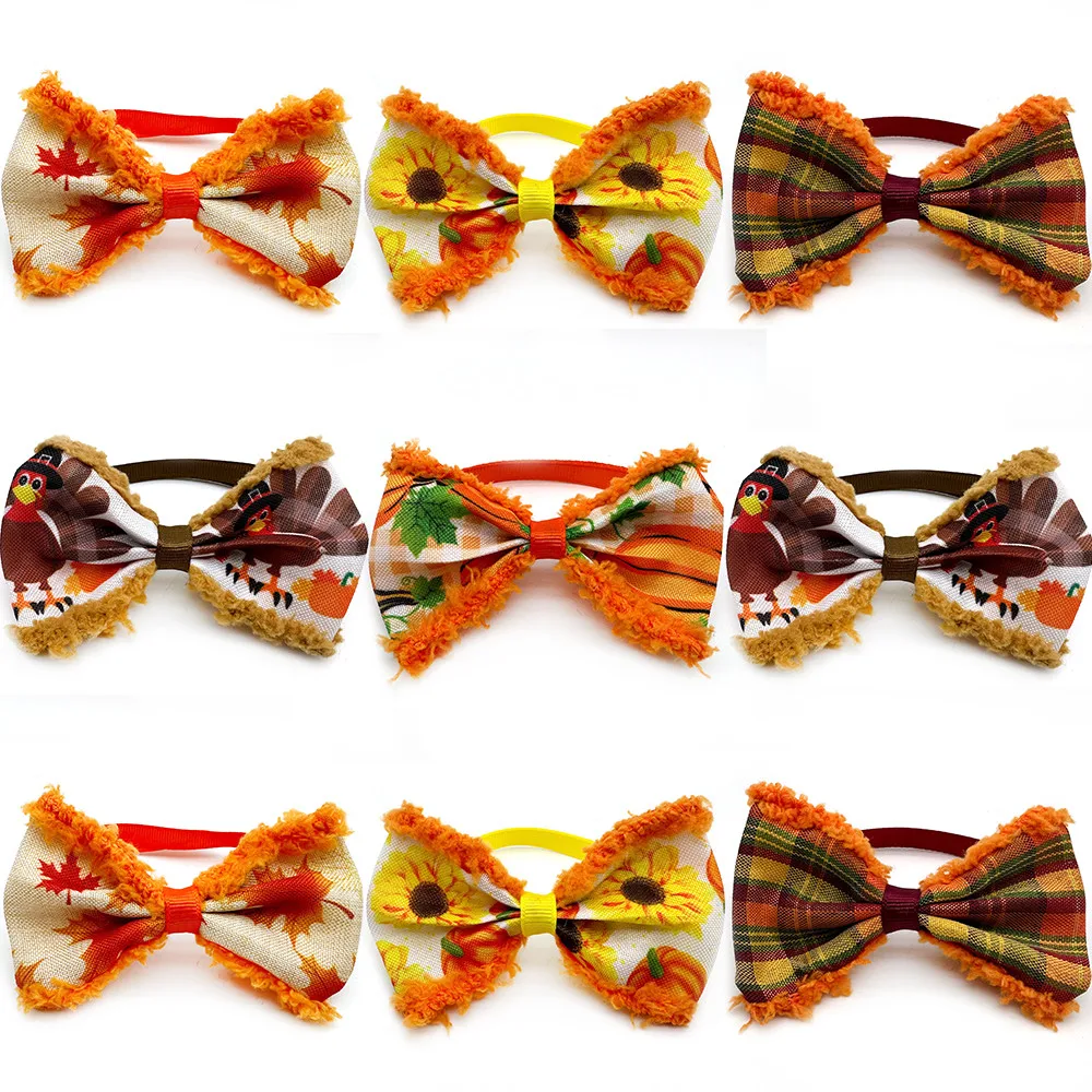 30/50pcs Fall Pet Product Dog Bowtie Necktie Fluffy Style Ties Thanksgiving Small Dog Bowtie Pet Dog Grooming Collar Accessoreis