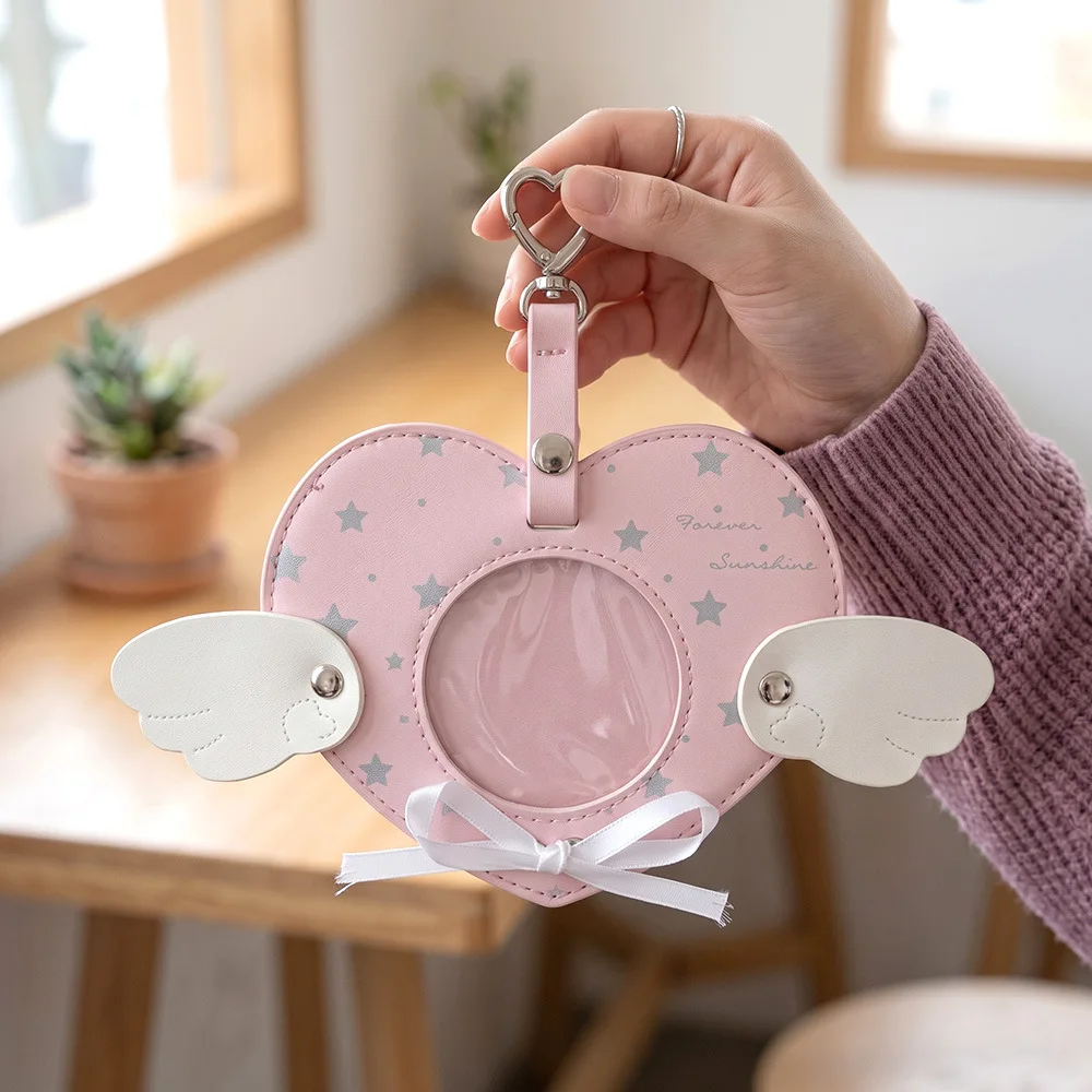 Cute Heart Shaped Photo Keychain Custom Picture Holder Angel Wings Design Bag Pendant Charm Gift for Women Girls Birthday