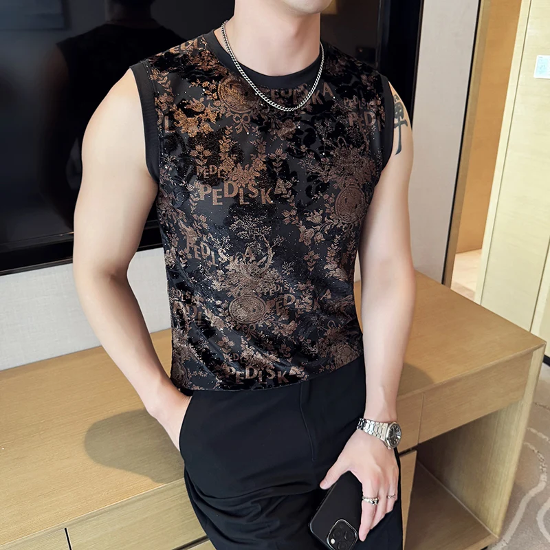 Trendy Summer Mesh See Through Sleeveless T-shirt Men Slim Fit Round Necked Vest Jacquard Casual Social Tee Top Men Clothing