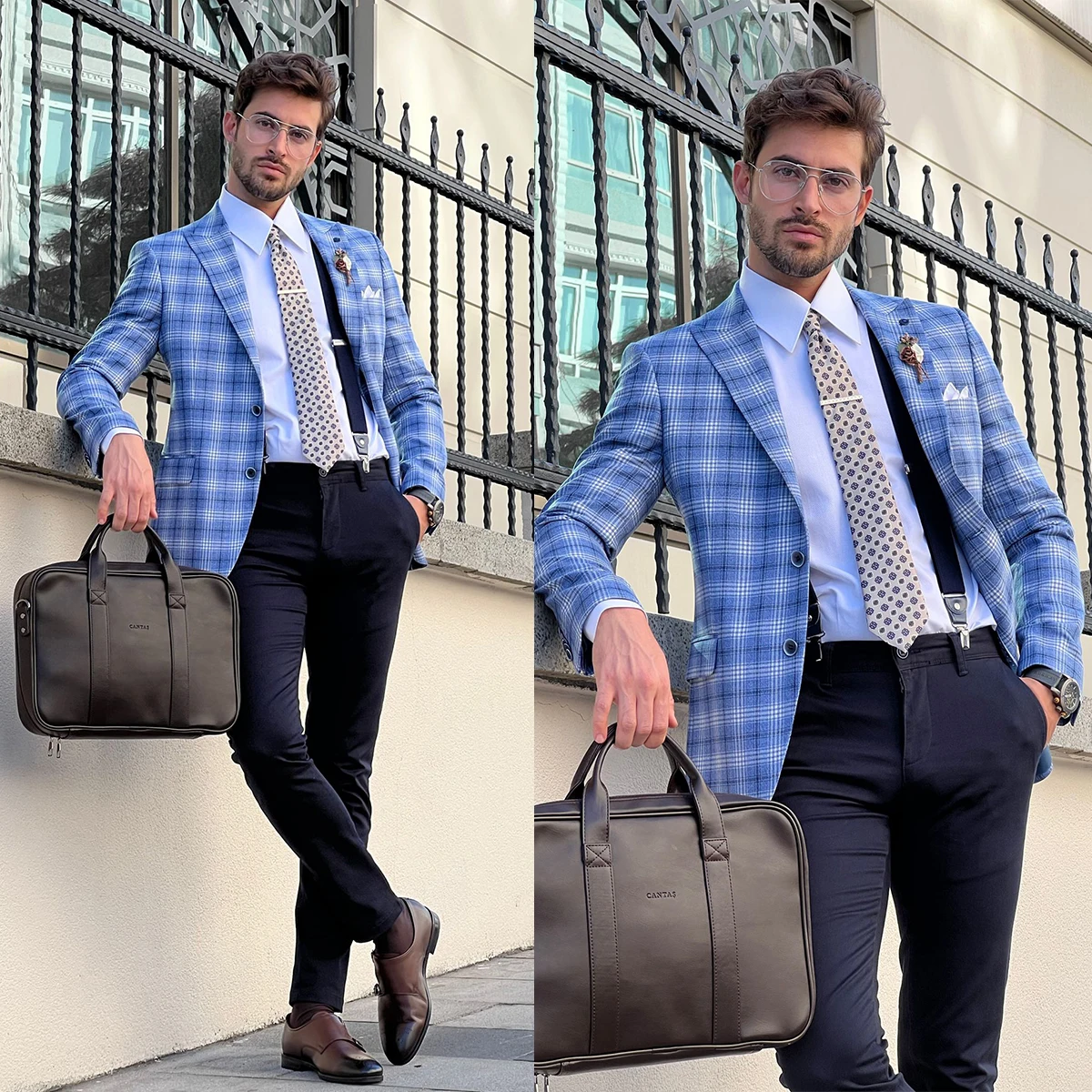 Handsome Men Suits Tuxedo Peaked Lapel Checkered Fabric Single Breasted Customized 2 Pieces Blazer Pants Tailored Multi-Scenario