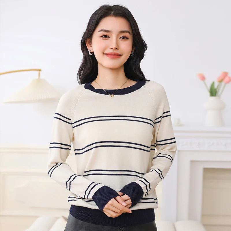 

Pure Cotton Knitted Long Sleeved Pullover Double Striped Shirt Round Neck Fashionable and Versatile 2024 Women's Clothing