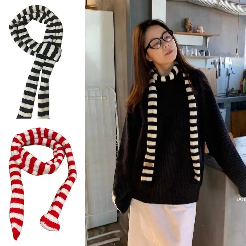 

HOT Women Cotton Scarves Striped Scarf Korean Girl's Thin And Narrow Long Scarf Harajuku Striped Knitted Scarves Neck Warmer New