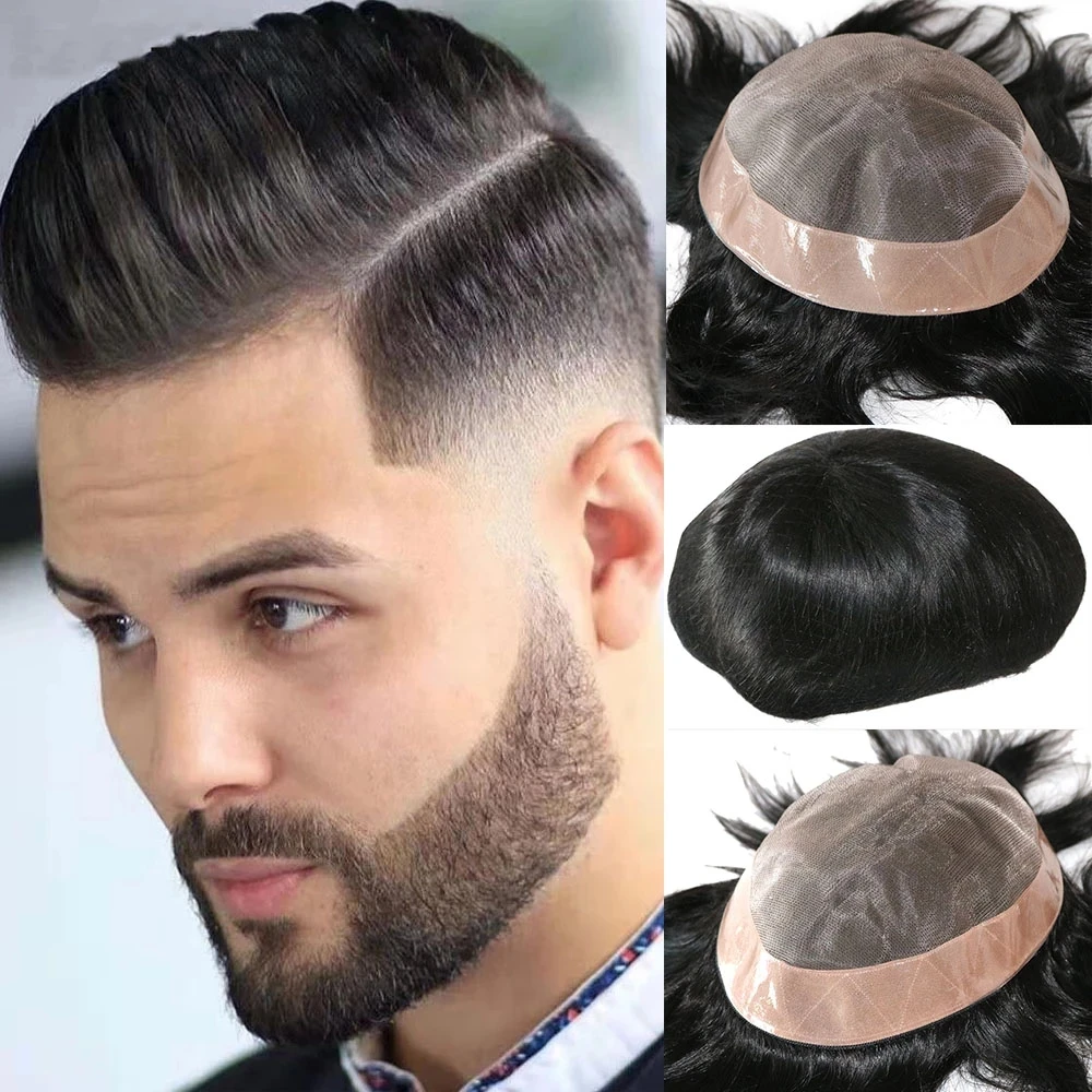 Toupet pour hommes, système de remplacement de cheveux, cheveux doux, perruque de base Mono PU, cheveux humains, prothèse de cheveux masculins durables