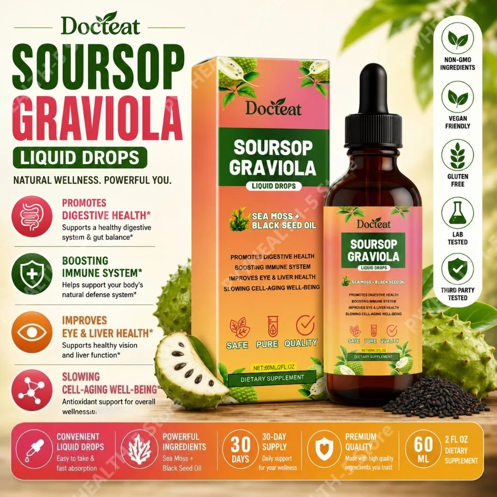 Docteat Soursop Graviola Liquid Drops with Sea Moss and Black Seed Oil, Elderberry, Vitamin D3, 60 Ml Net Contents, 30 Servings