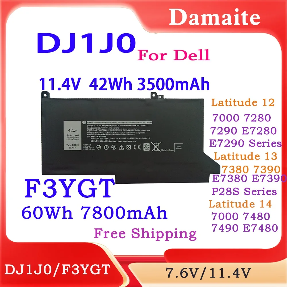 NEWDJ1J0 F3YGT Laptop Battery for Dell Latitude 12 13 14 7000 7280 7290 E7280 E7290 E7380 E7390 Series Dell 7480 2X39G