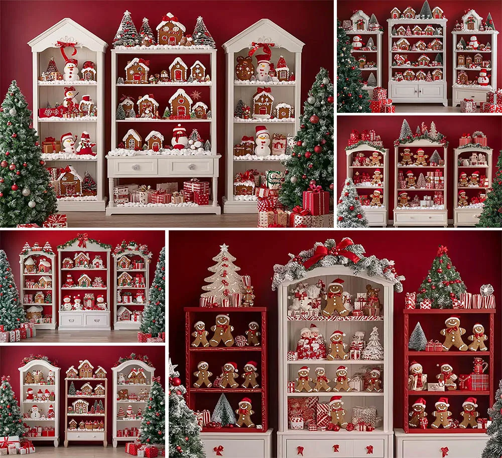 

Mehofond Christmas White Cabinets Backdrop Adult Child Birthday Portrait Snowmen Gingerbread Red Wall Backgrounds Photo Studio