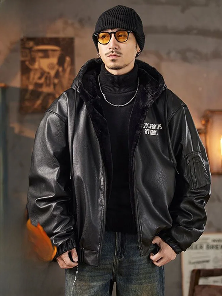 

Real Leather Men's Jaet American Retro Sle Fce Lined Autumn Winter New Arrival Youth Casual Faion Hooded Coat