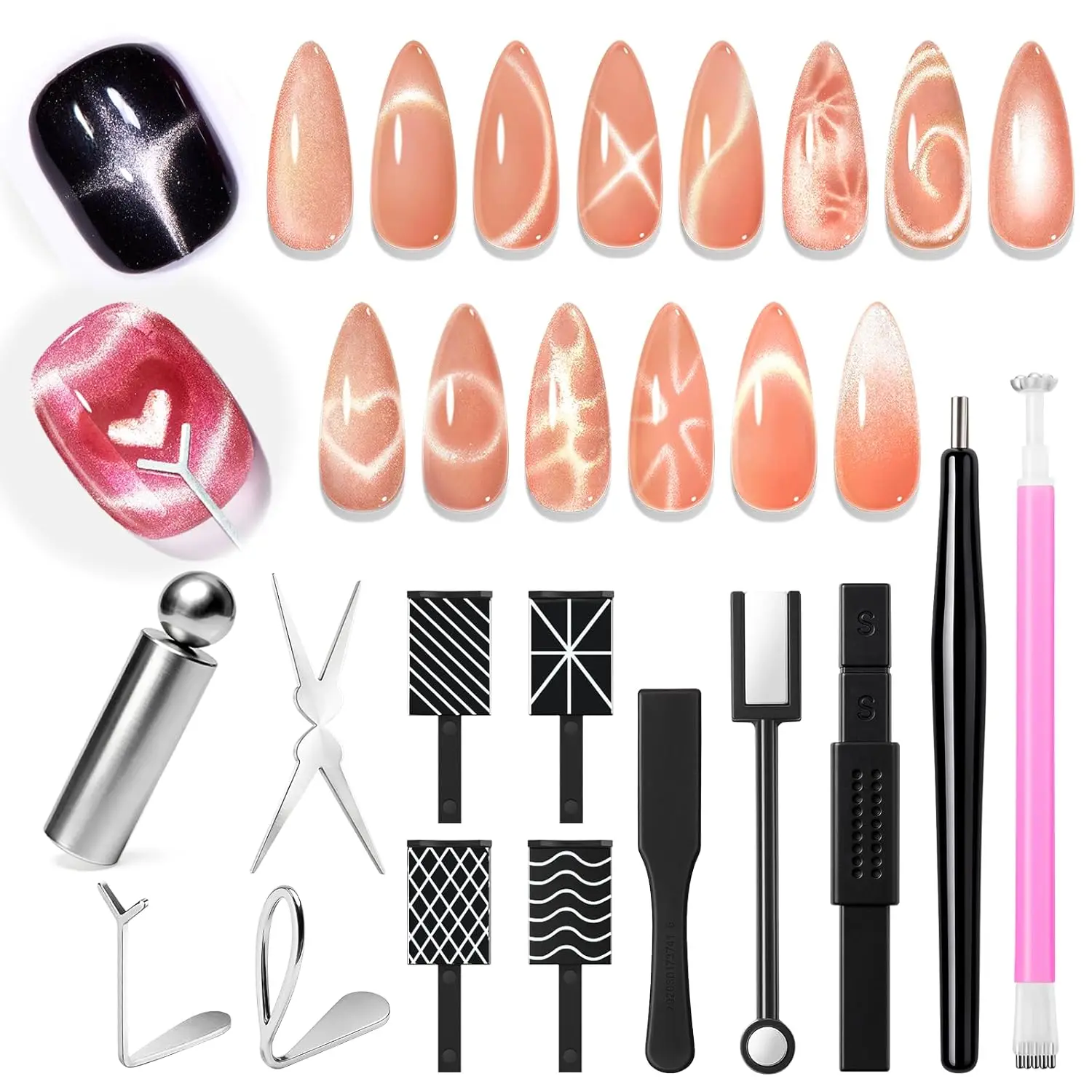 14PCS Cat Eye Magnet Nail Art Tools - Strong Magnetic Rods, Heart/French/Black Hole Sticks, DIY Glassy Effects