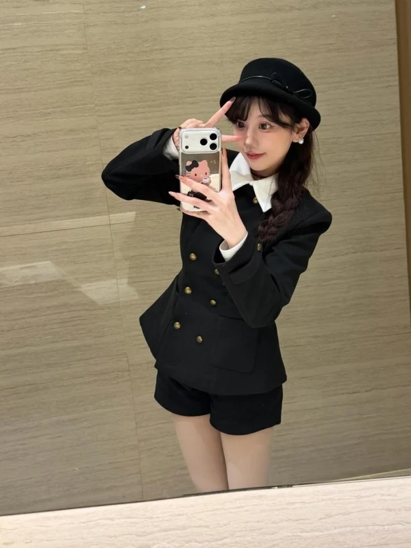 

Korean Style Collar Suit Jacket And Shorts Two-Piece Set High Waist Micro Stretch Winter Children's Fashion British Style