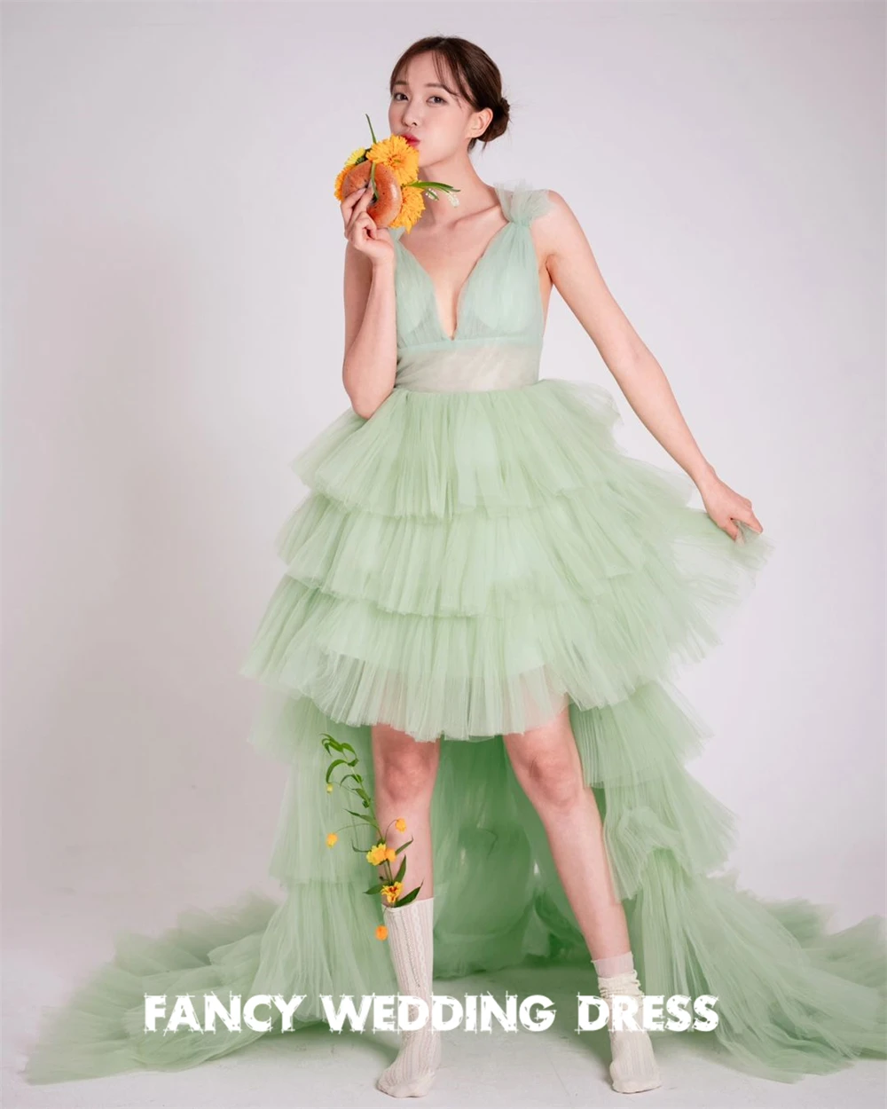 Fancy Fairy Light Green Wedding Dress Korea Photo Shoot A Line Tiered Ruffles Prom Gown Sleeveless 웨딩드레스 Custom Made