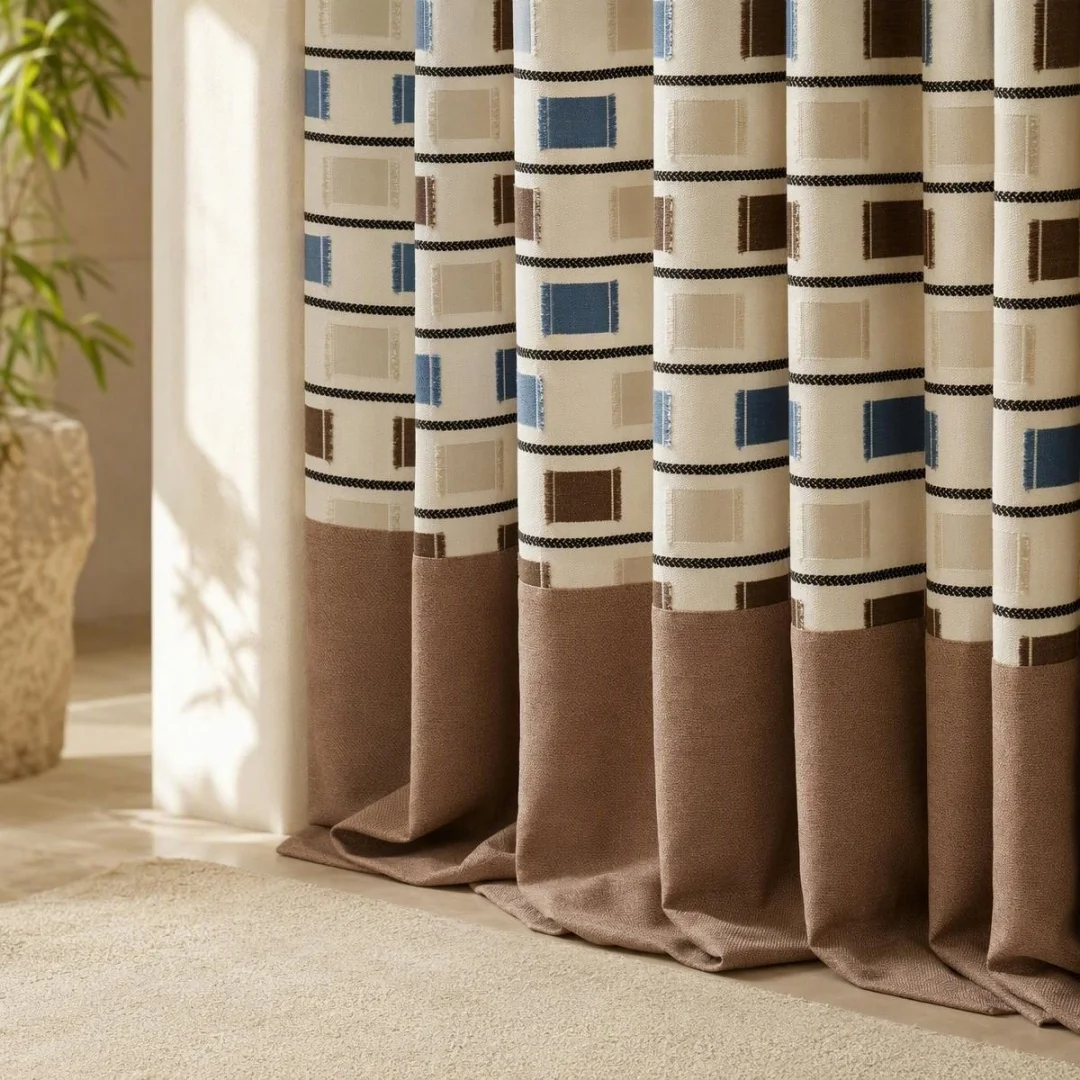 3D Textured Square Patchwork Curtain, Two Tone Coffee White Farmhouse Window Curtain