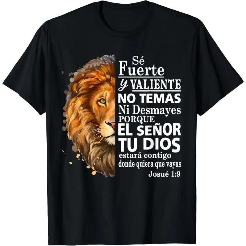 

Spanish T-shirt Men Women Unisex Lion Graphic Tee Christian Bible Verse Josué 1:9 Religious Faith Top