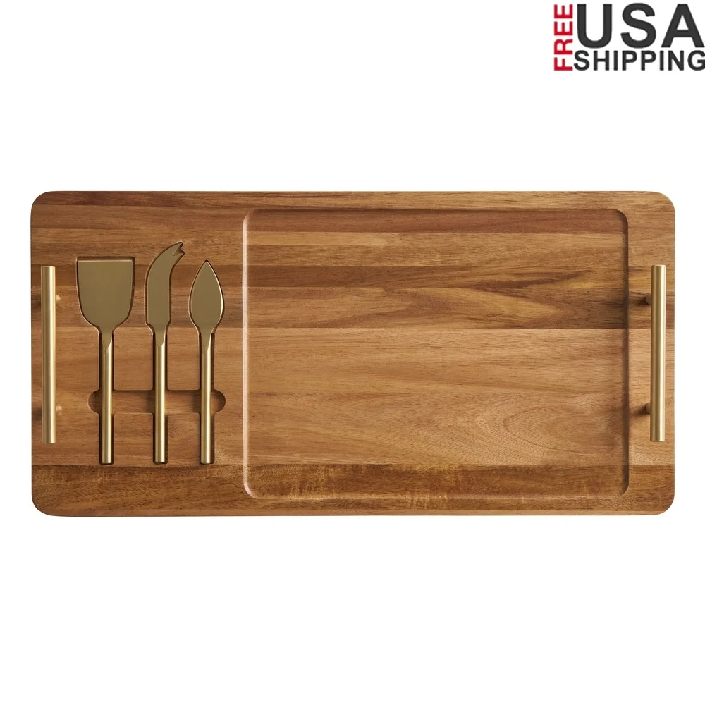 

Acacia Wood Cheese Board with Stainless Steel Tools Entertaining Travel Picnics Camping Outdoor Gatherings Charcuterie Board