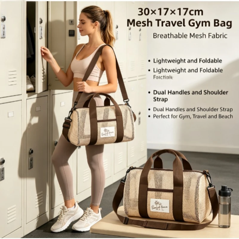Large Capacity Mesh Beach Handbag, Breathable Quick Dry Swim Gym Tote, Vacation Crossbody Single Shoulder Bag