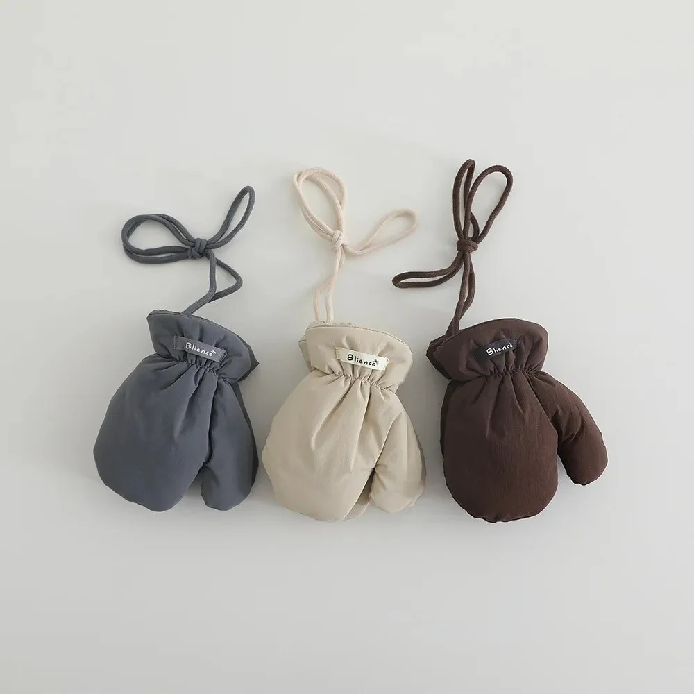 

1 Pair Cute Kid Gloves Winter Warm Fleece Lined Waterproof Mittens Solid Color With Neck Strap Lanyard Full Cover Glove
