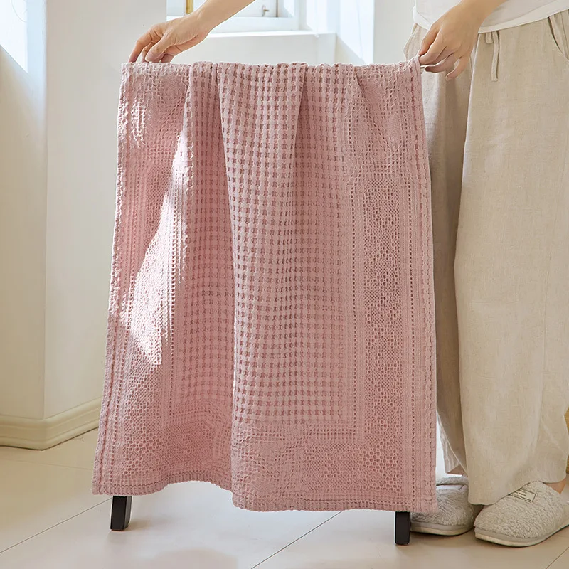 

Pink Waffle Bath Towel Cotton Woven Relief Twill Adults Bath Towel For Home Bathroom Women Wrapped Quick Dry Oversize Towel