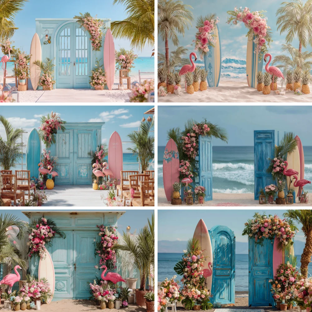 

Summer Tropical Beach Backdrop HawaiianSeaside Surfboard Ocean Flamingo Flower Camping Birthday Photography Background