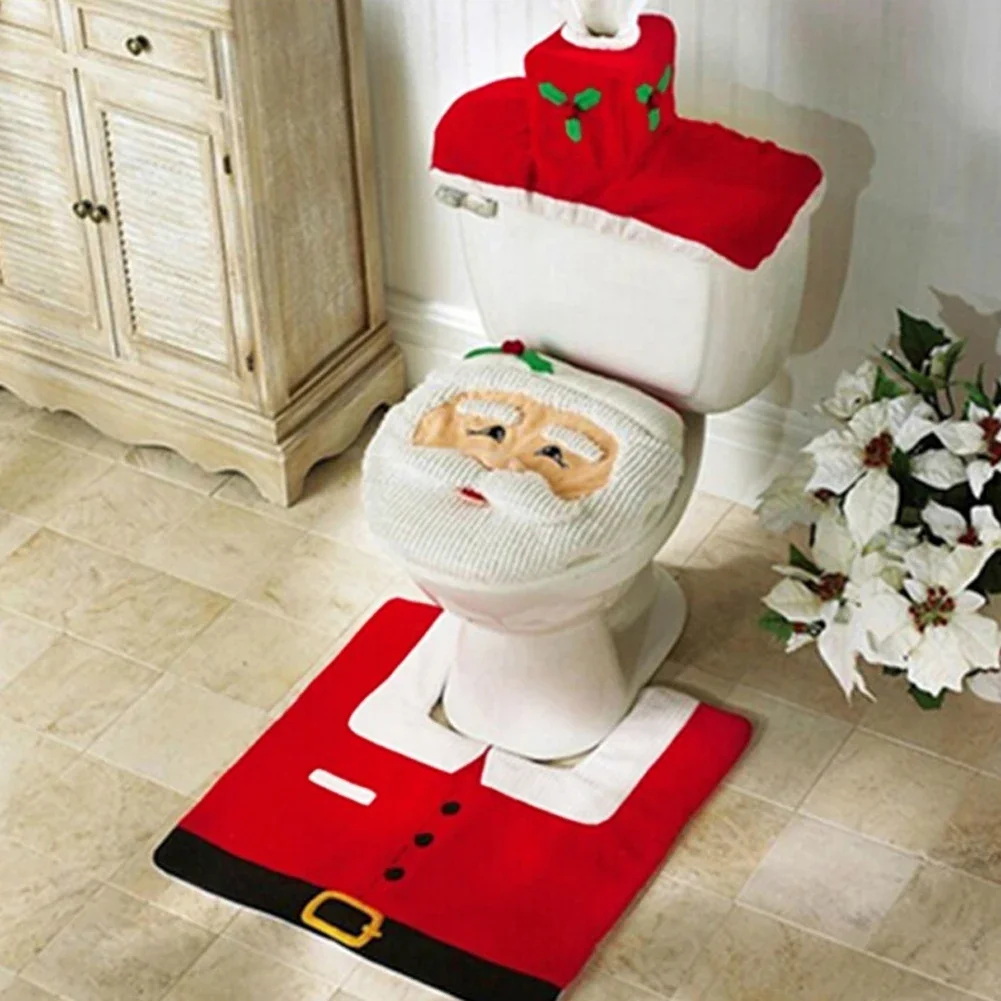 Santa Claus toilet cover, foot pad, water tank cover, and tissue cover 3-piece set