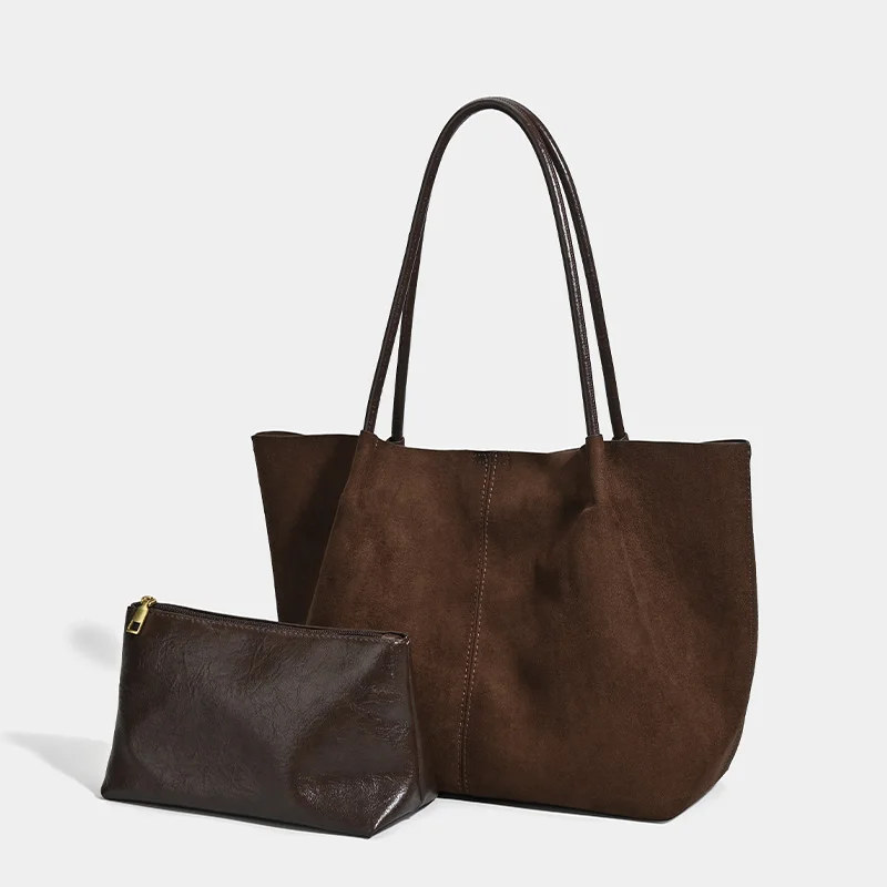 New  Women's Retro Suede Frosted Bag Casual Large Luxury Design Commuter High-end Armpit Bag Soft Handle Zipper Closed Tote Bag