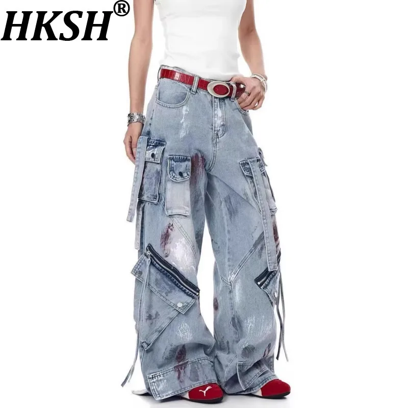 

HKSH Spring Autumn New Men American Heavy Vintage Tie-Dye Waste Land Style Jeans Trendy Casual Multi-pocket Cargo Pants HK18745
