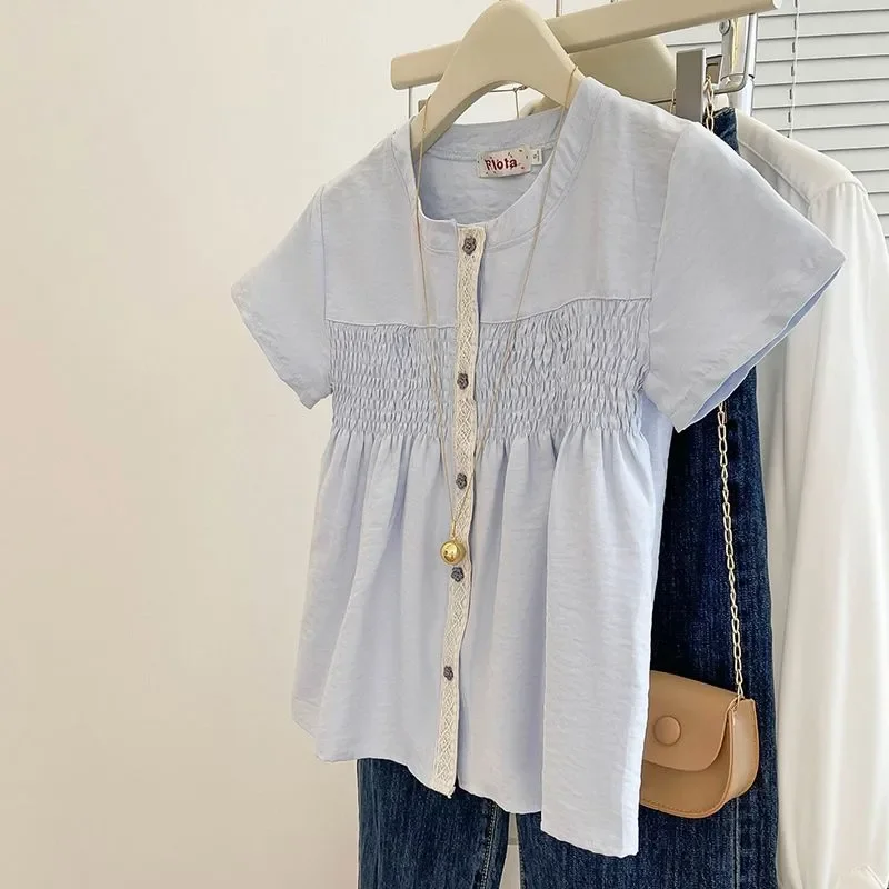 

Women Sweet Lace Trim Button Down Blouse Casual Ruched Short Sleeve Shirt