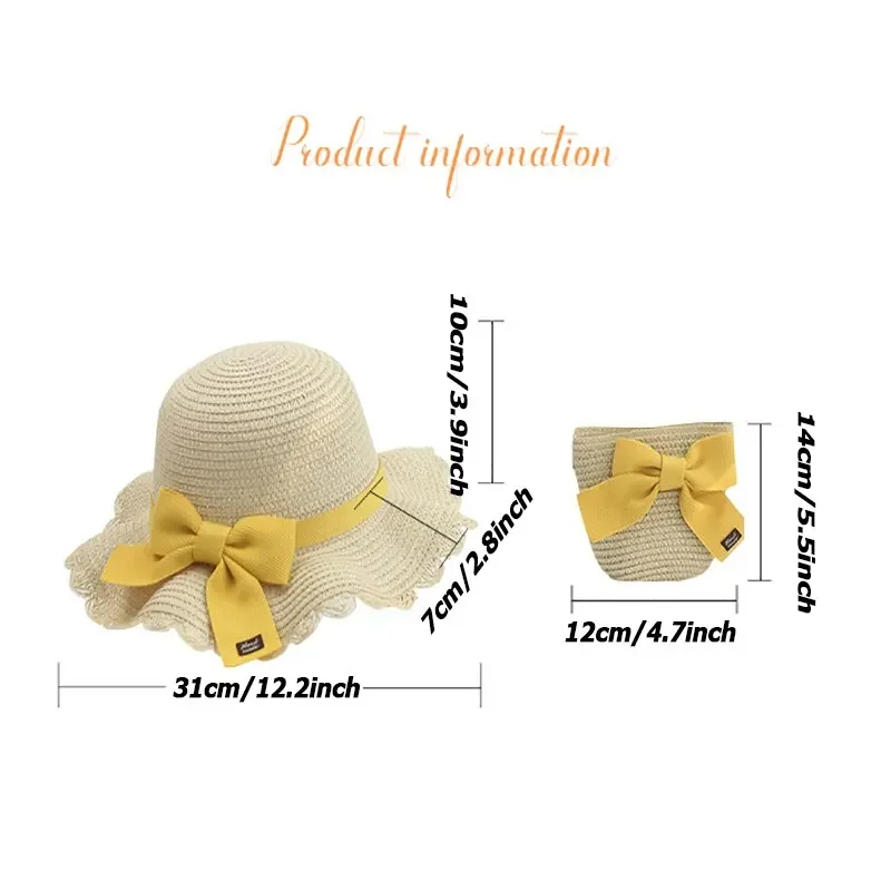 2 Pcs Children Straw Hat and Shoulder Bag Set Girls Summer Outdoor Beach Cap Cute Bow Travel Beach Sun Hat Bag