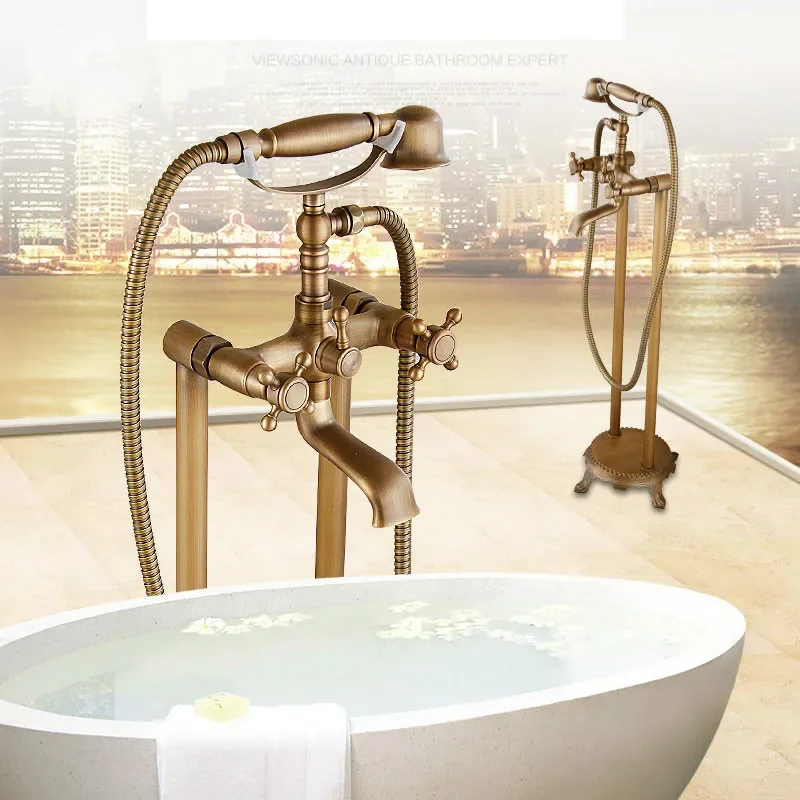 

Bathroom Bathtub Faucets Floor Stand Telephone Shower Faucets Double Hands Brass Antique Bronze Bathroom Shower Faucet Set