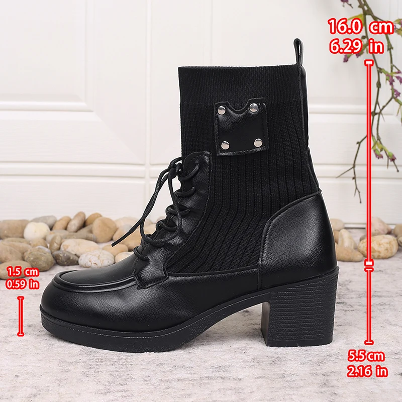 خمر صندل بكعب مكتنز حذاء من الجلد للنساء الخريف الأسود الحياكة أحذية بوت قصيرة امرأة جولة تو الانزلاق على الكعب العالي بوتاس موهير