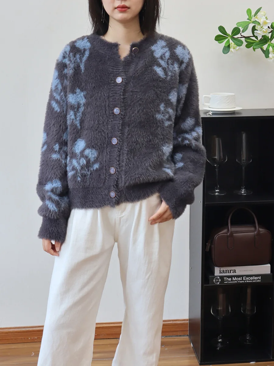 

Women's Cardigan Loose O-neck Long Sleeve Flowers Pattern Grey Knitted Sweaters New Autumn Fashion knitwear