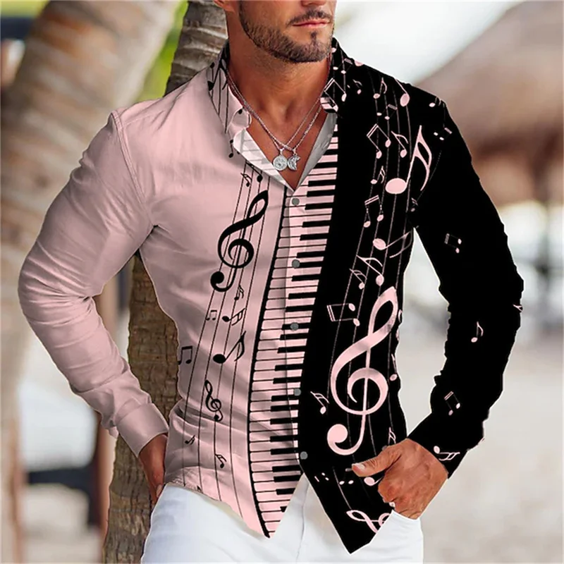 2023 Fashion Men\'s Shirt Music Note 3D Printing Lapel Button Top Long Sleeve Shirt Clothing   Comfortable  S-6XL