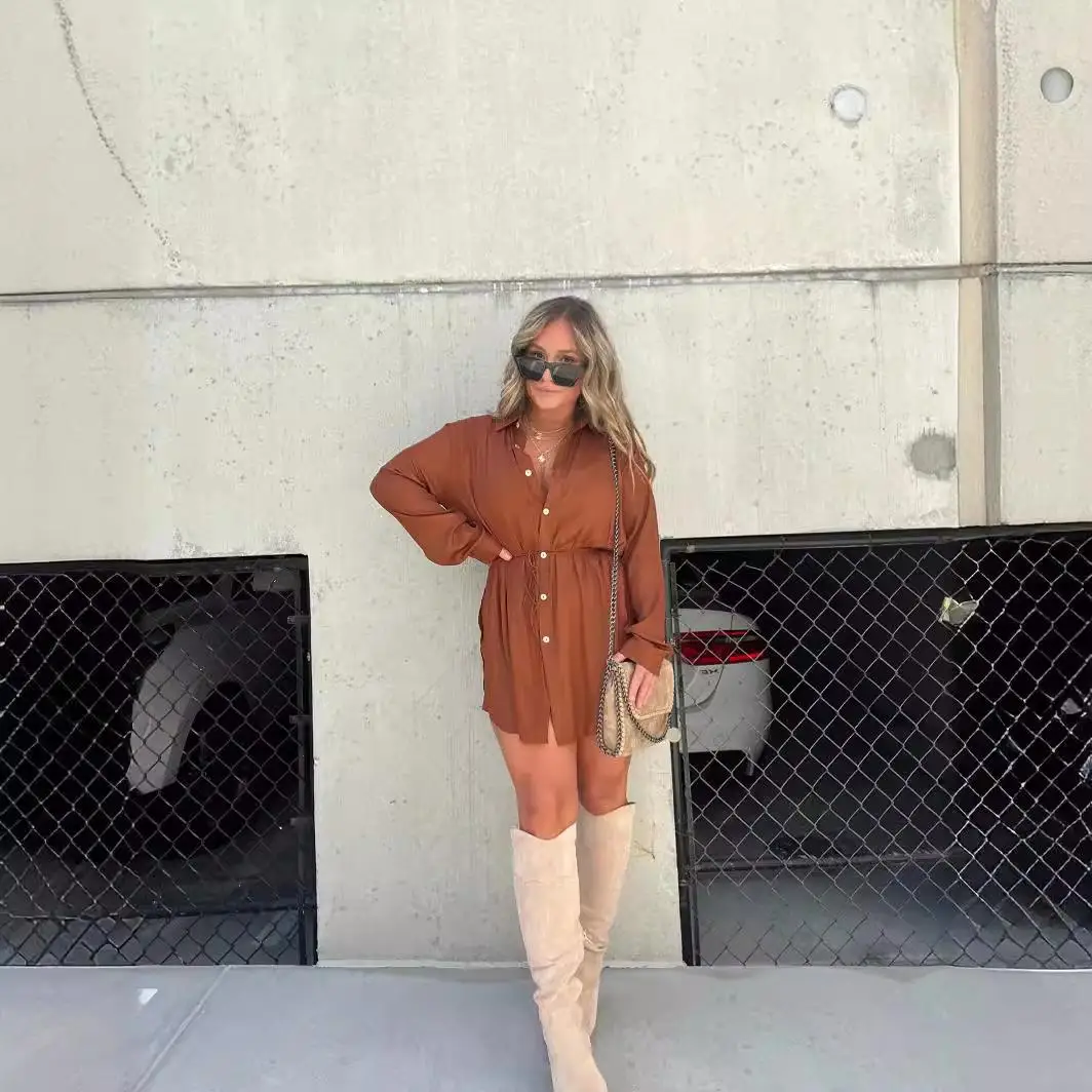 بدلة قفز نسائية طويلة مستقلة من Sve irt طقم عصري لموسم الخريف Briti Sle للكبار لون نقي بدلة تي شيرت #1