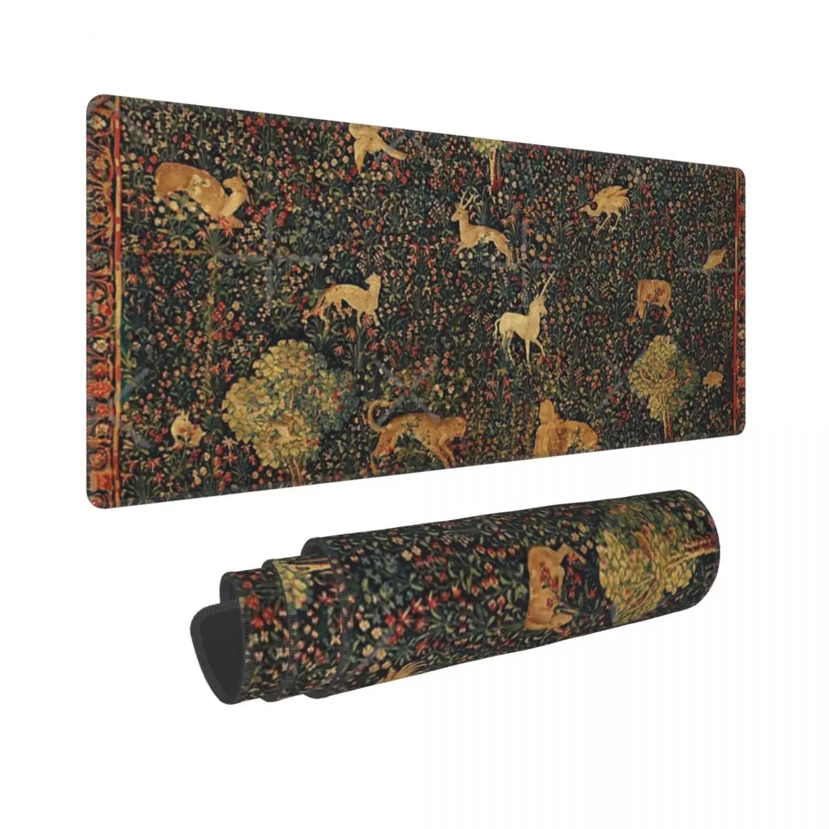 UNICORN AND MEDIEVAL BESTIARY Millefleurs Red Green Floral Tapestry Forest Animals Rubber Keyboard Pads