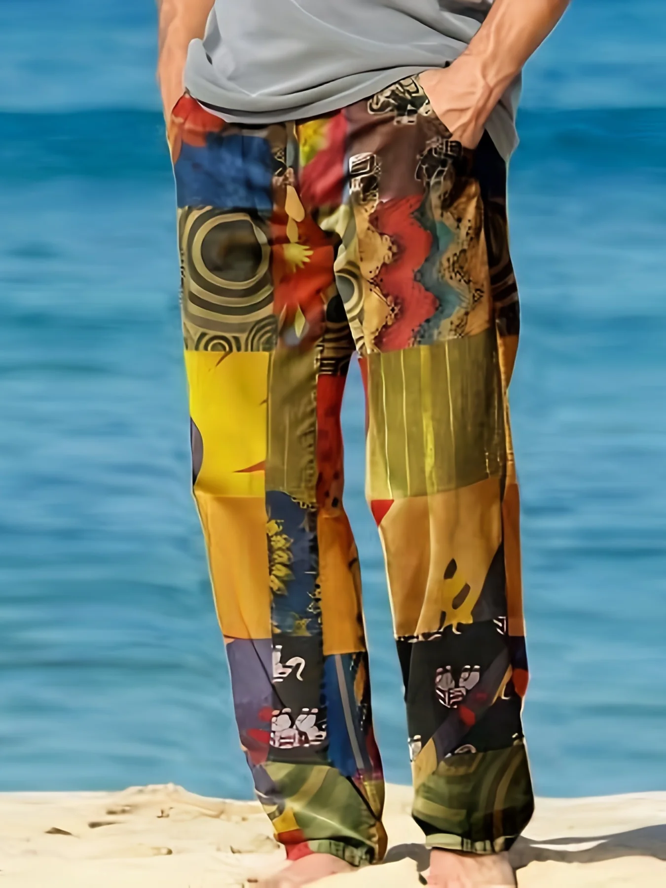 سراويل رجالية كاجوال من القطن والكتان، سراويل شاطئ صيفية مطبوعة عرقية، ريترو، منتصف الخصر، سحاب، مقاس كبير Ropa Hombre #5