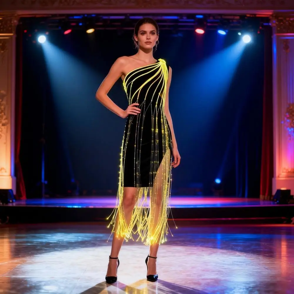 

Светодиодное оптоволоконное танцевальное платье для женщин, сексуальное облегающее платье Ципао Cheongsam со светящейся юбкой, костюм для выступлений