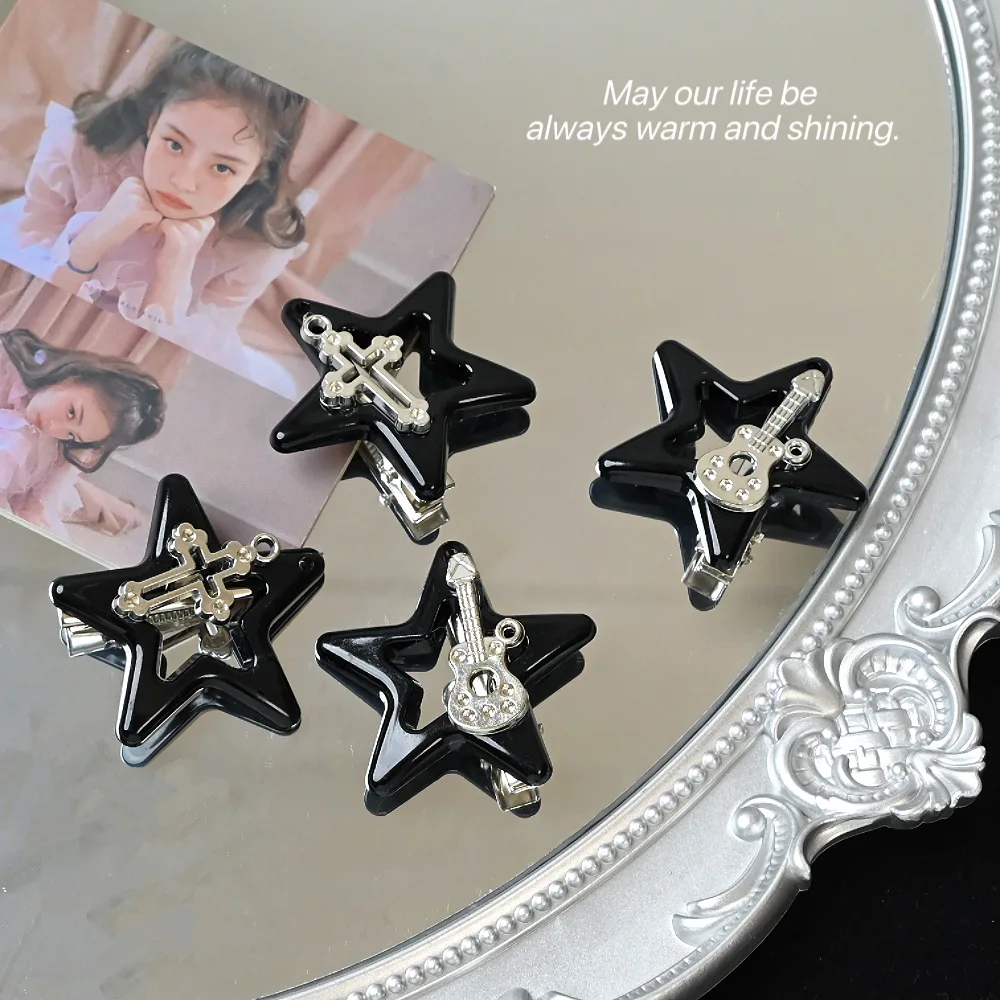 4Pcs Y2K Black Star Music Cross Guitar Hair Pins Pendant Punk Gothic Side Decor Hairclips for Gothic Punk Women Girls Jewerly