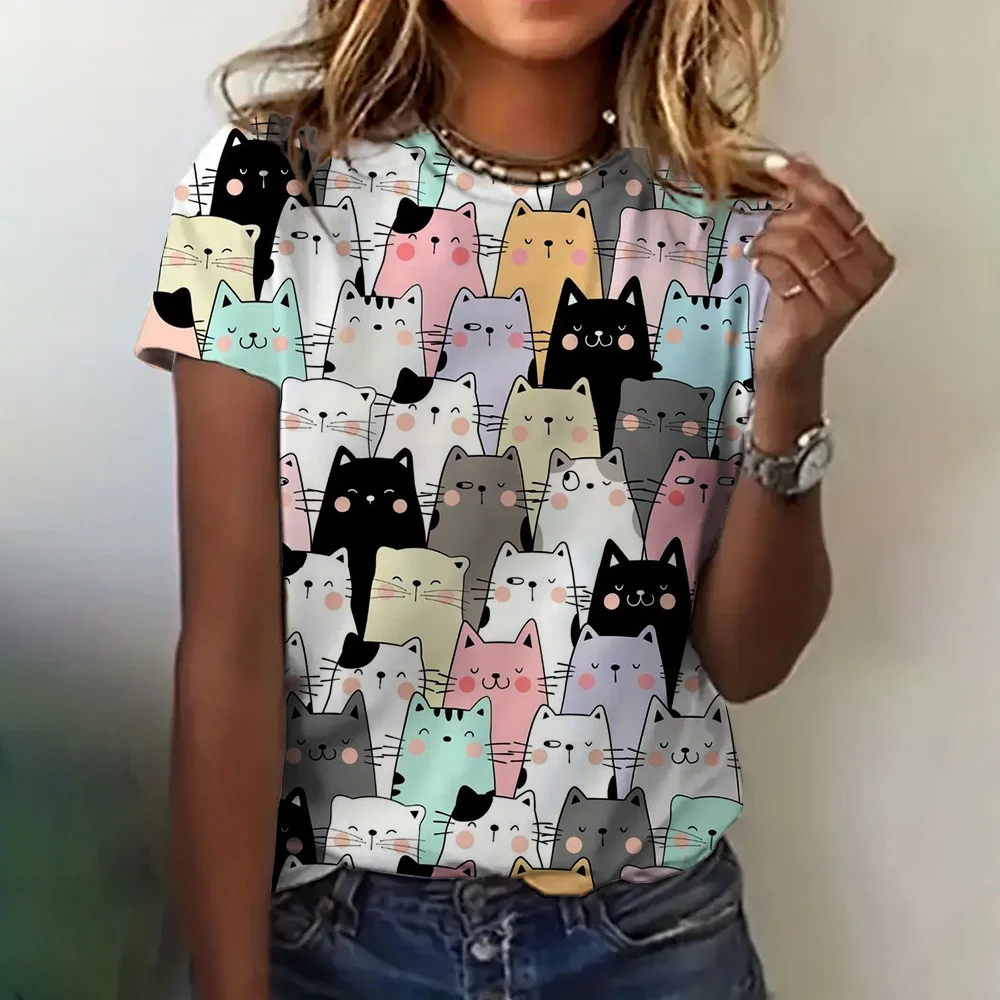 Camiseta com estampa de gato 3D feminina, gola redonda, manga curta, blusa casual elegante, roupa solta, moda verão