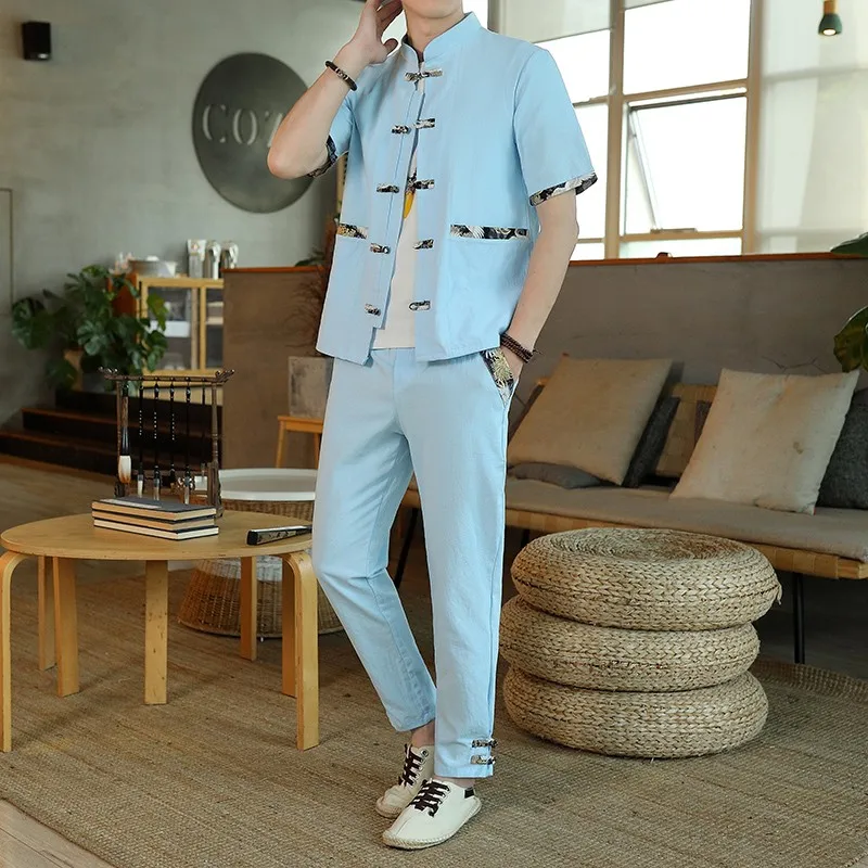 Shirts+Pants summer chinese style elastic waist Cardigan Men\'s set Casual Sets Male Fashion trousers and shirt men size M-5XL