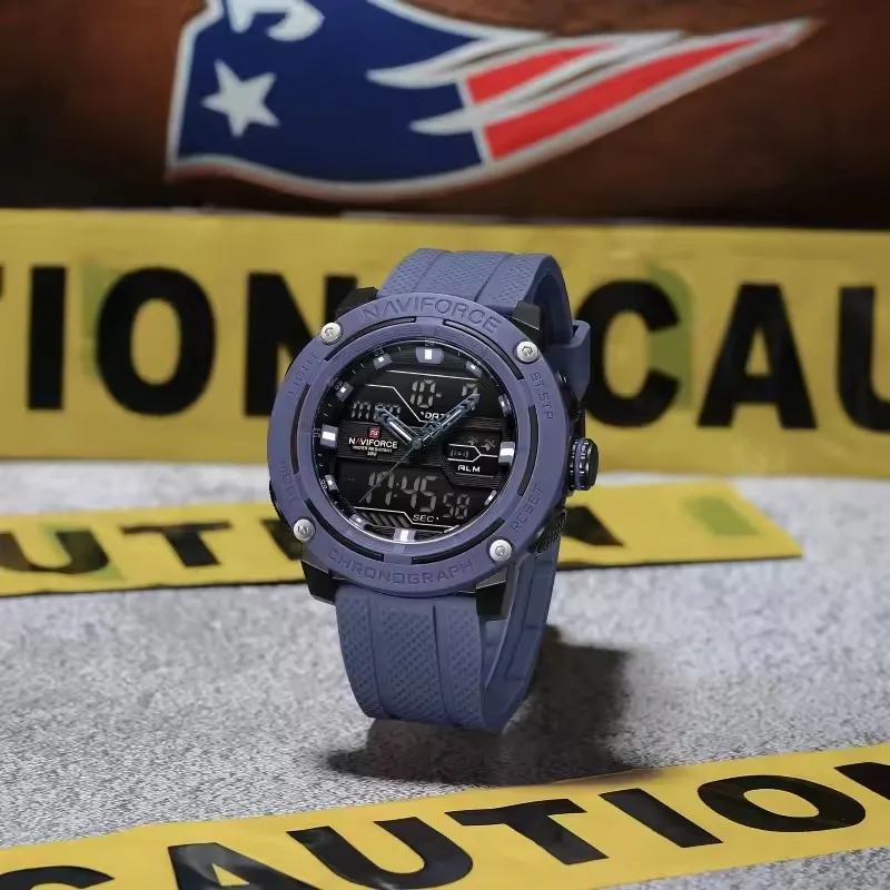 NAVIFORCE 7114 العلامة التجارية الكلاسيكية ساعة كوارتز إلكترونية شاشة مزدوجة التقويم مقاوم للماء سيليكون ساعة رياضية عادية للرجال часы