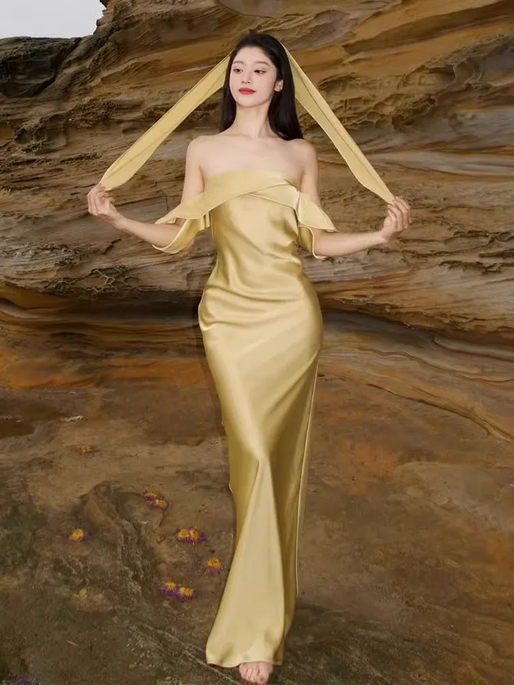 

Stunning Lightweight Evening Dr Luxury Unique Rich Girl One oulder Long Skirt Beautiful Korean Sle Wedding Par Perfo...