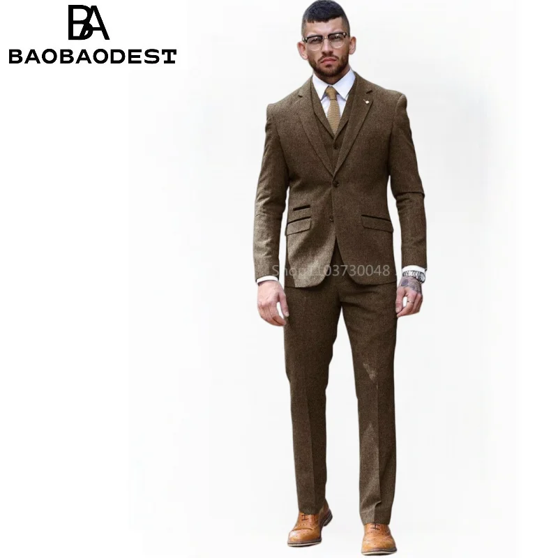 

Men's Suits 3 Pieces Brown Wool Slim Fit Casual Formal Business Groomsmen Tweed Tuxedos for Wedding Blazer+Pants+Vest