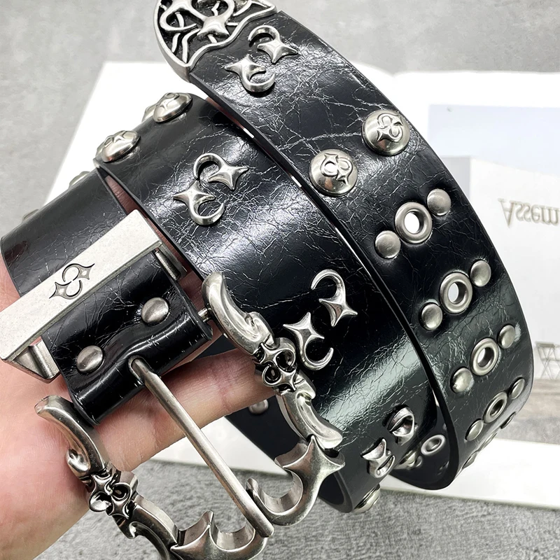 NEW High-end Leather Belt Heavy Metal Rivet Punk Belts For Men Rock Stud Cowboy Belt Gothic Accessories Luxury Brands Waistband image 5