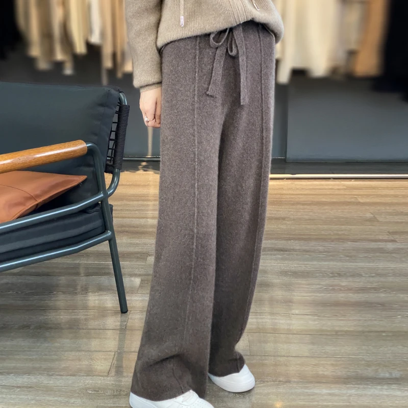 100% wool pants women's sewing knitted winter wide-leg pants thick Maillard gaiden cashmere pants women wear outside.