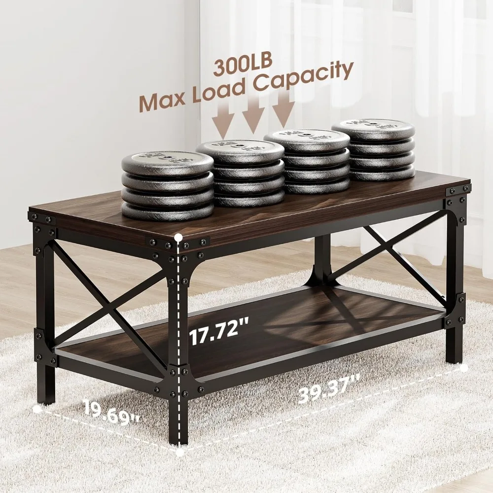 Rectangle Coffee Tables for Living Room, Wood Rectangular Coffee Table, 2 Tier Rustic Modern Center Table with Thickened Tableto