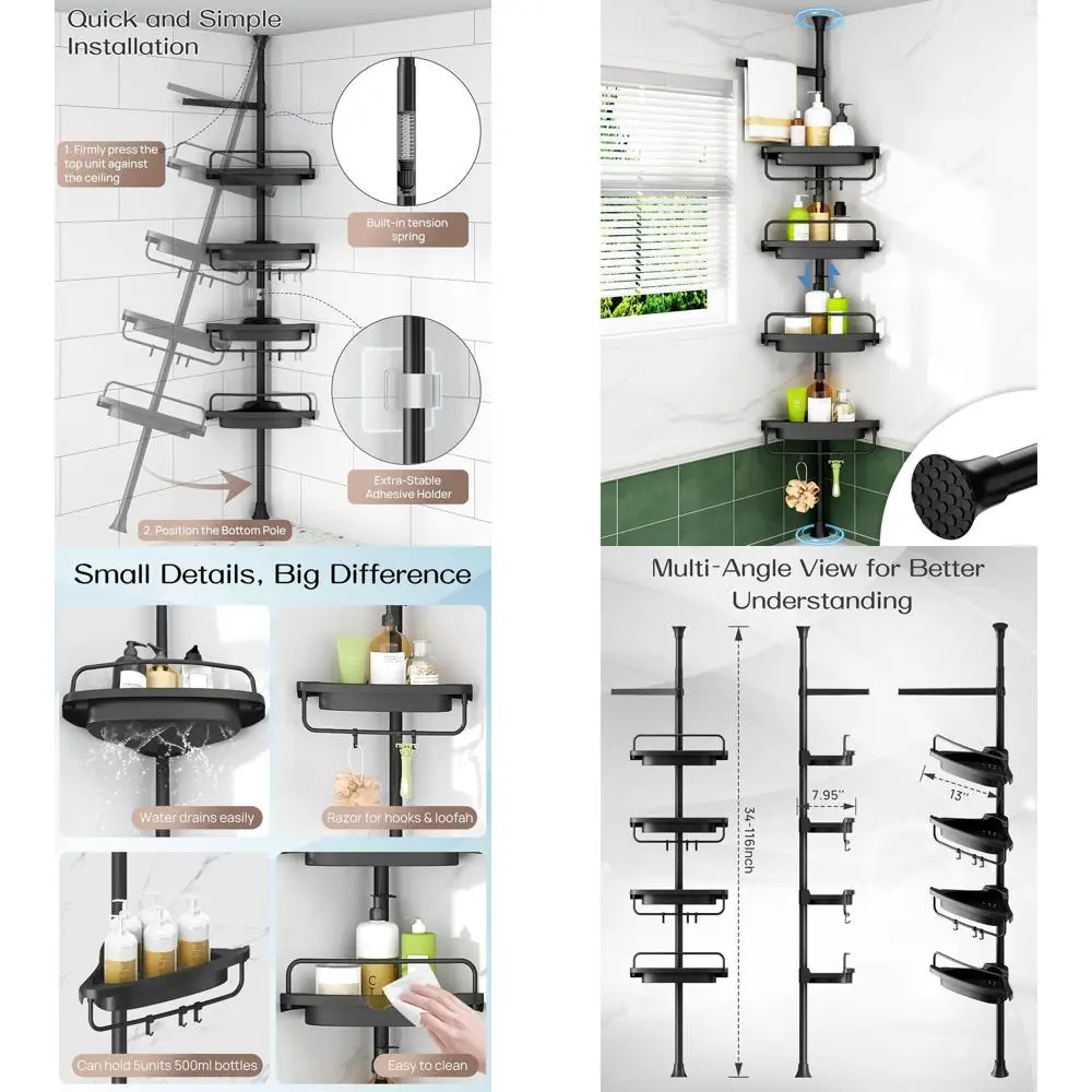 

Adjustable 4-Tier Shower Caddy with Tension Pole, Rust-Resistant Stainless Steel, 34-116 Inch Extendable, Black