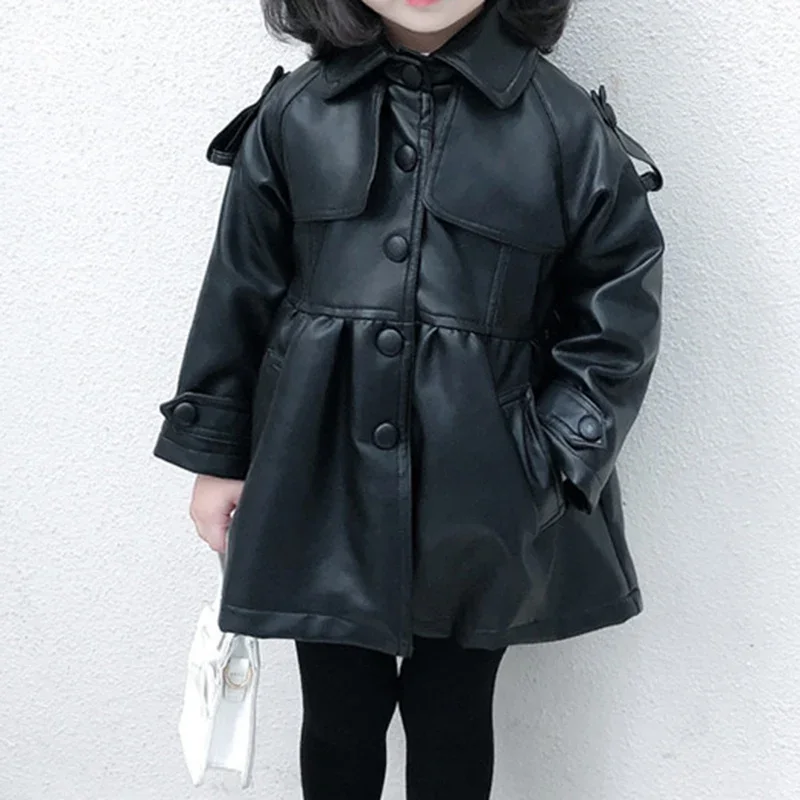 Children's Jacket New Korean Style Clothes Solid Ccolor Long-sleeve Leather Outerwear Spring Autumn Girls Fashion Coat 2-6y